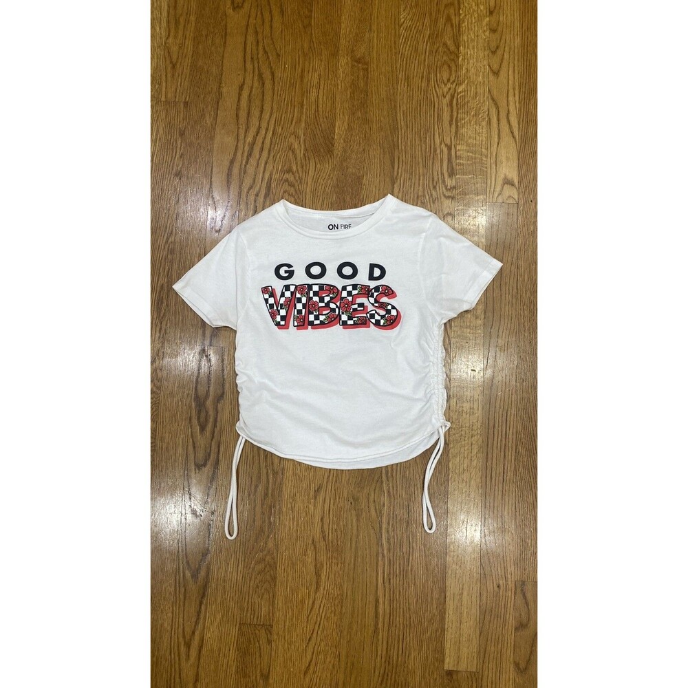 On Fire Good Vibes Cropped TShirt Checkered Flag And Roses Ruching Size Medium